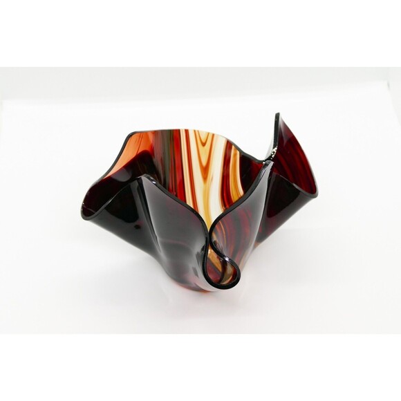 Vintage Handkerchief Art Glass Bowl Vase Red Wave Stripe Paper Folded Handmade - Picture 5 of 10